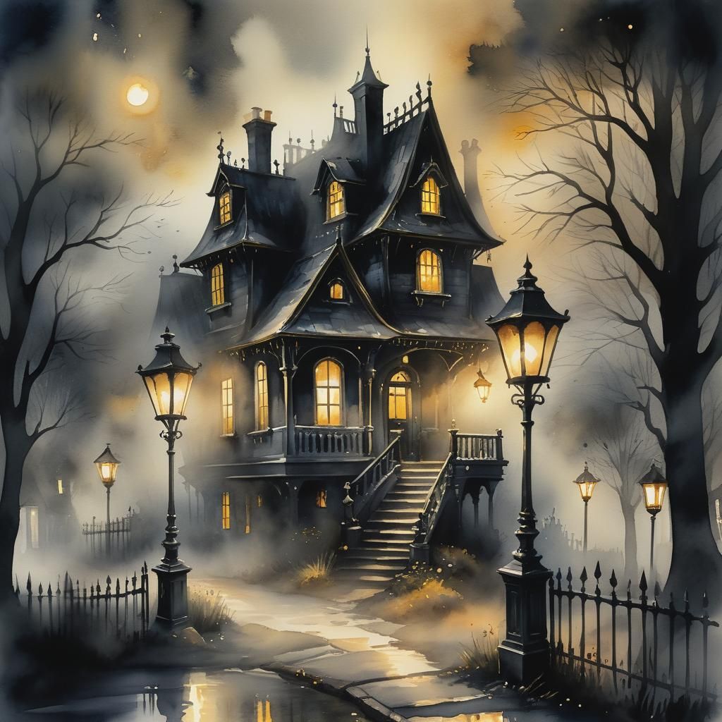 Eerie Storybook House in Watercolor with Fog