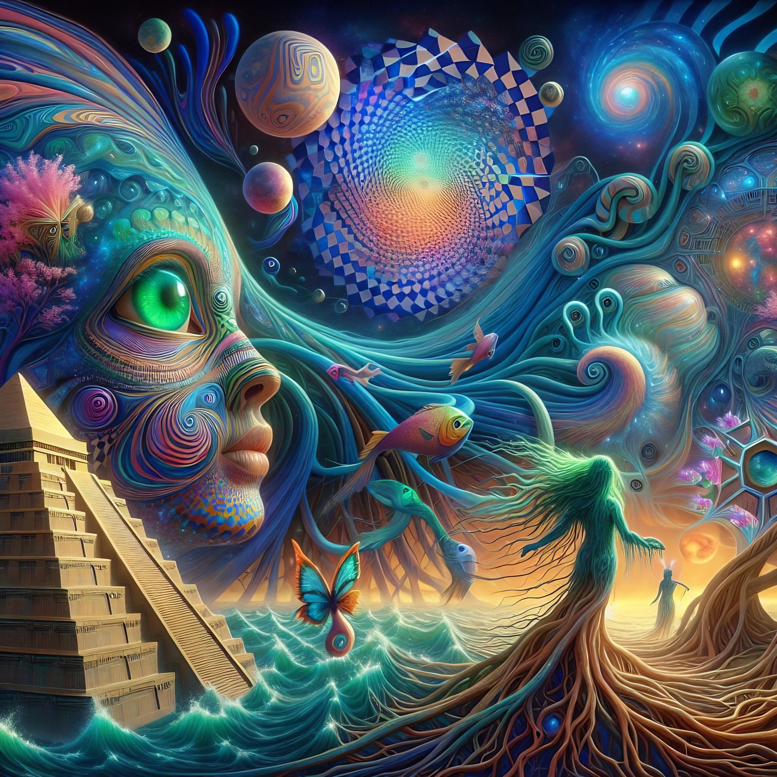 Surreal Interdimensional Nexus with Aquatic and Cosmic Figur...