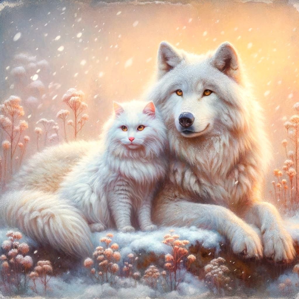Ethereal Friendship: Majestic White Wolf and Fluffy Cat in M...