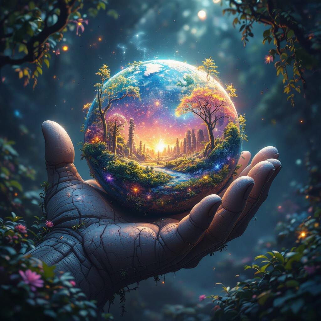 Cosmic Hand Cradles Alien World: Surreal Art