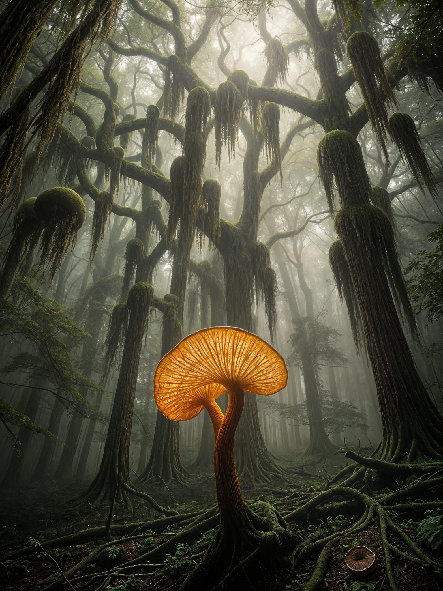 Giant Fungus Forest in a Gloomy, Foggy Setting