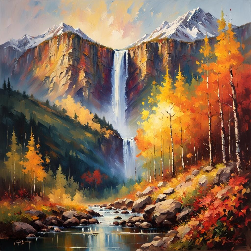 Autumn Mountain Landscape with Waterfall, as Impasto Paintin...