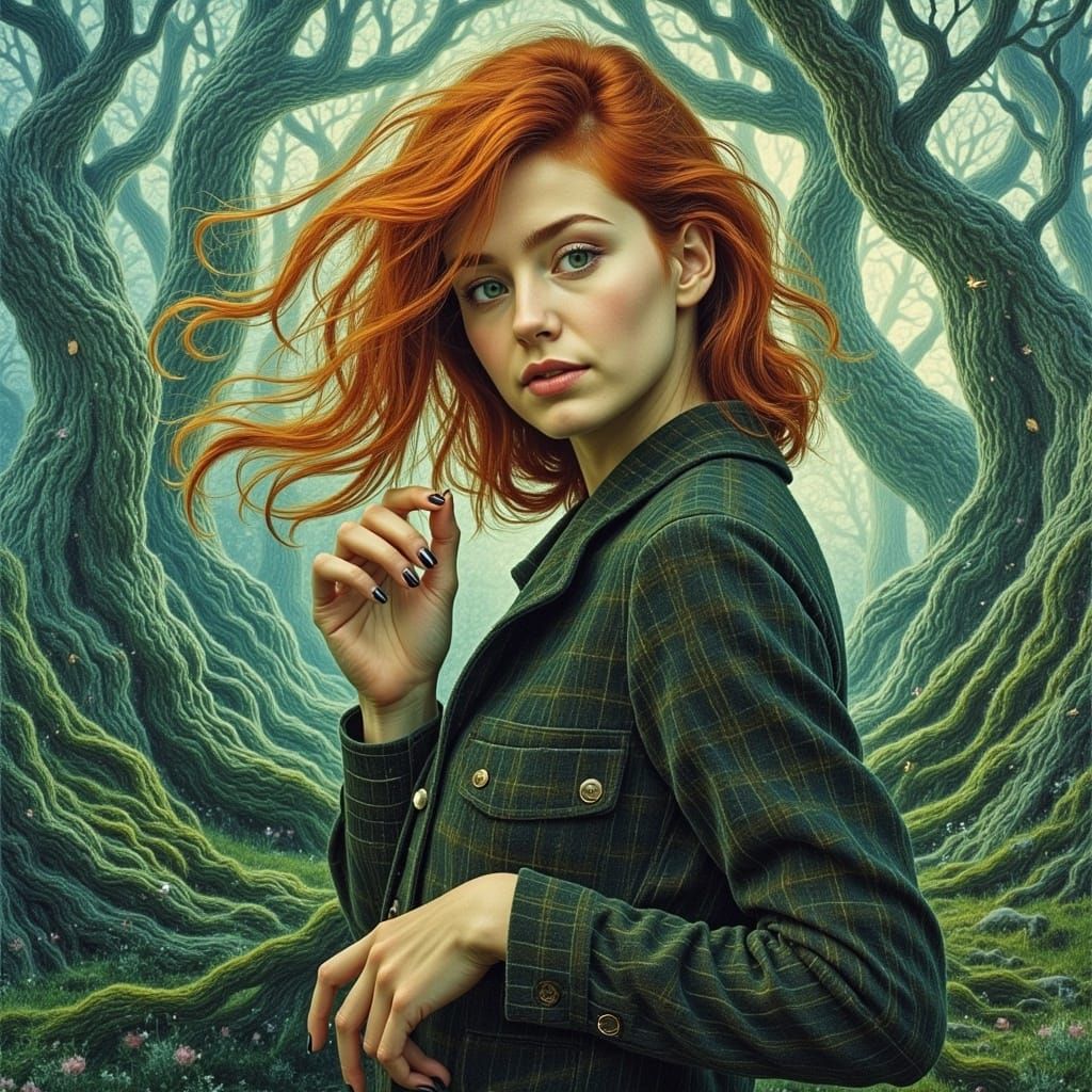 Surreal Scottish Highlands Woman Weaves Plaid Patterns