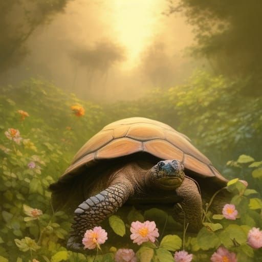 Tortoise in Flowering Vines: Hyperdetailed Fantasy Art