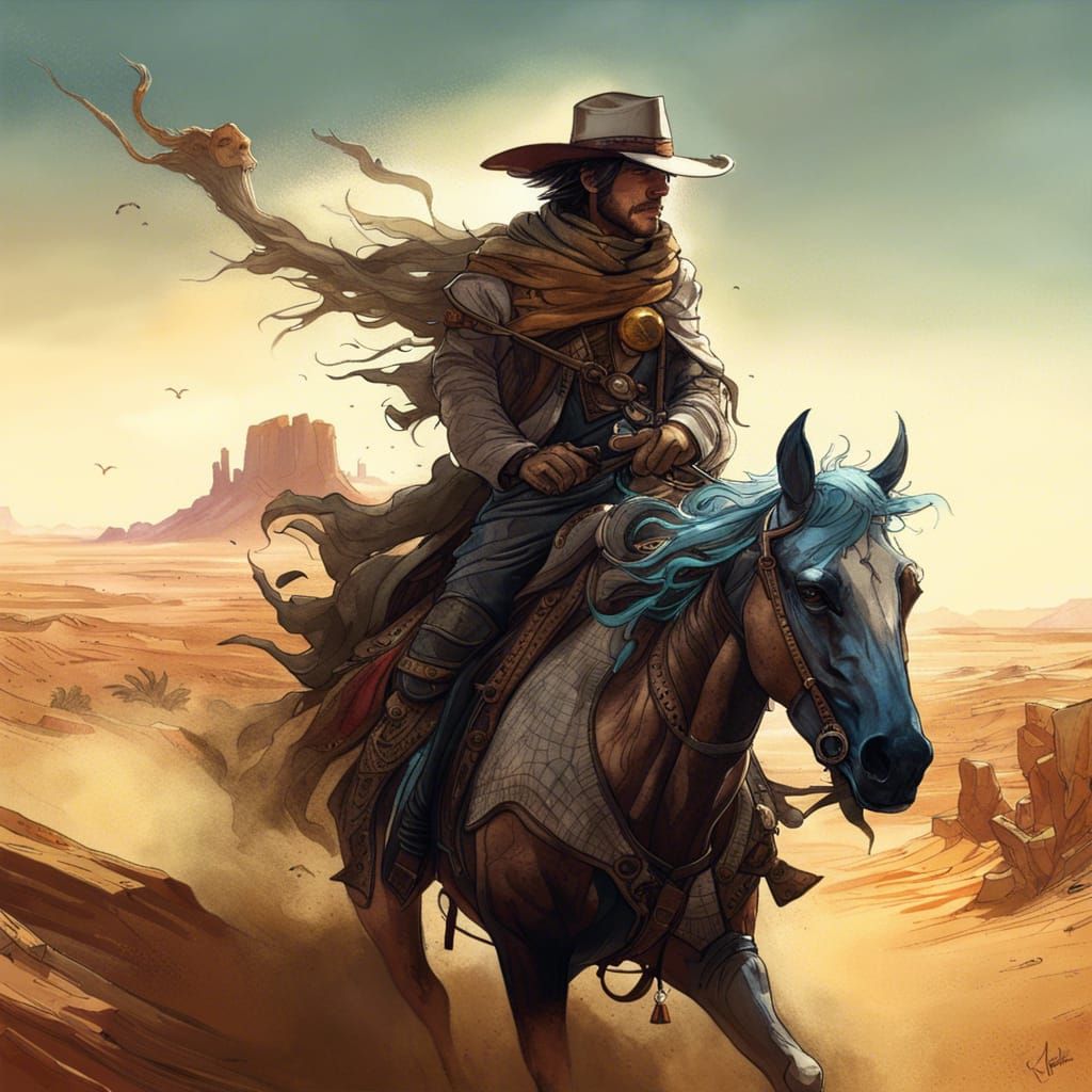 Cowboy Rides Through Desert: Fantasycore Art