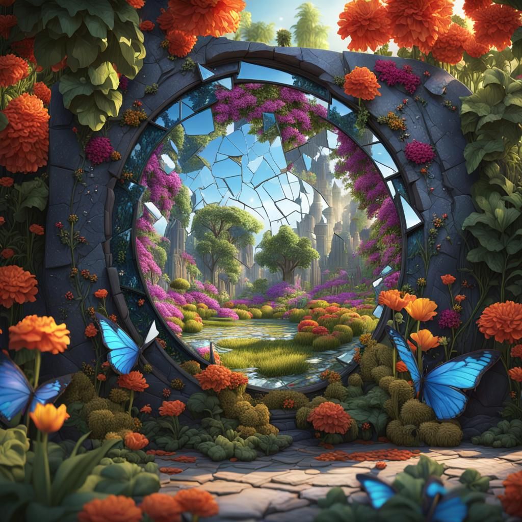 Shattered Mirror Reflecting a Vibrant Garden Scene