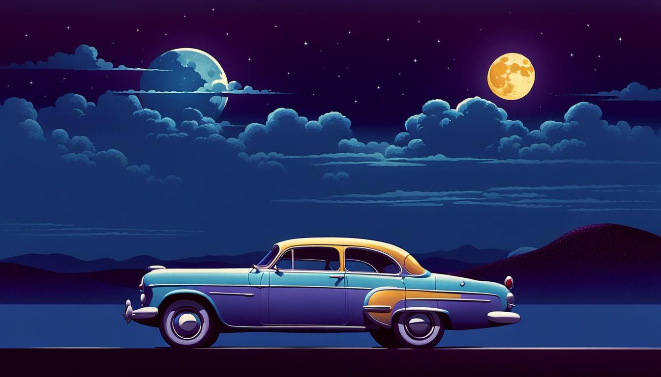 Retro Vintage parked car at night.