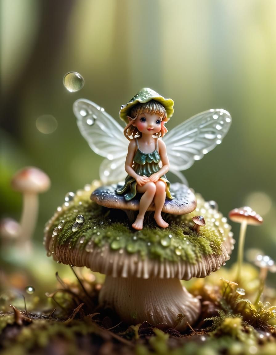 Miniature Fairy on Mushroom in Macro Photography