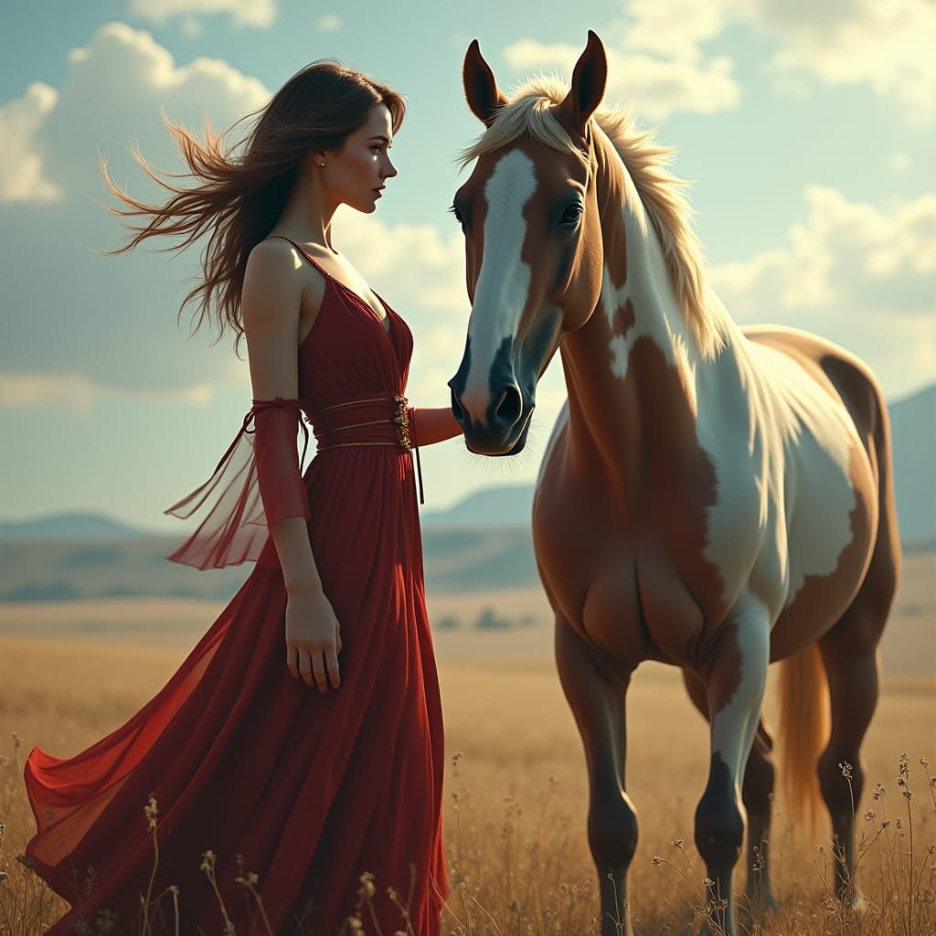 Woman and Piebald Horse in Hyperrealistic Landscape