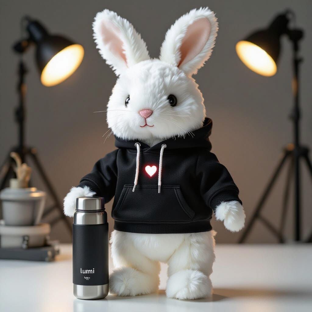 Hyper-Realistic Plush Rabbit with Hoodie and Thermos