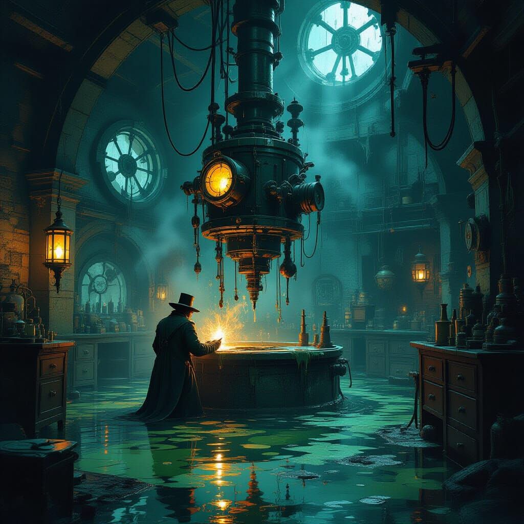 Steampunk Inventor's Chaotic Laboratory in Dark Fantasy Styl...