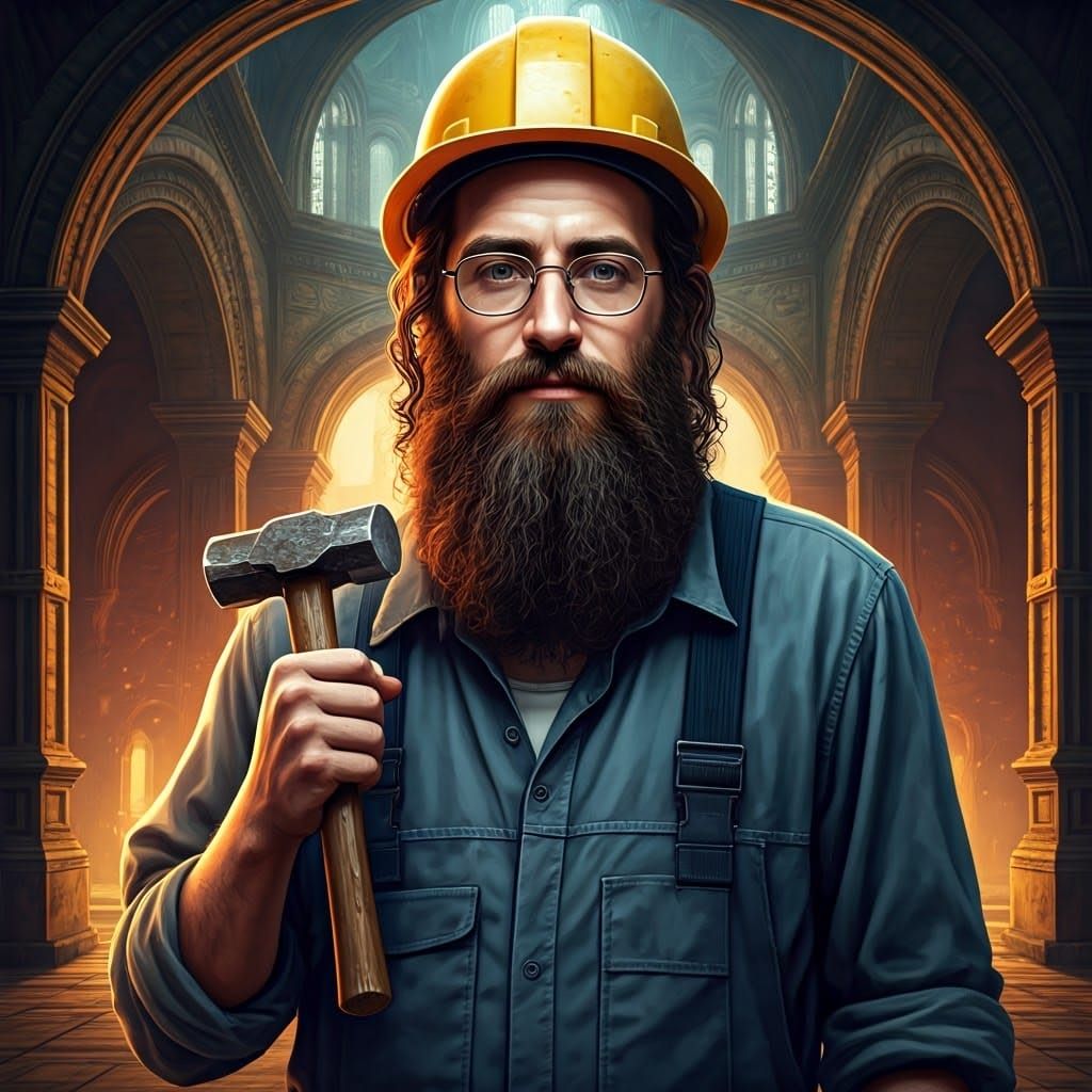 Orthodox Jew in Rugged Construction Gear Amidst Fantastical...