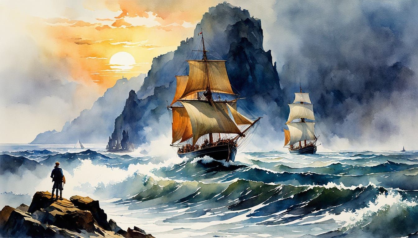 Master of the Tides: Hyperrealistic Watercolor Sailing Ships