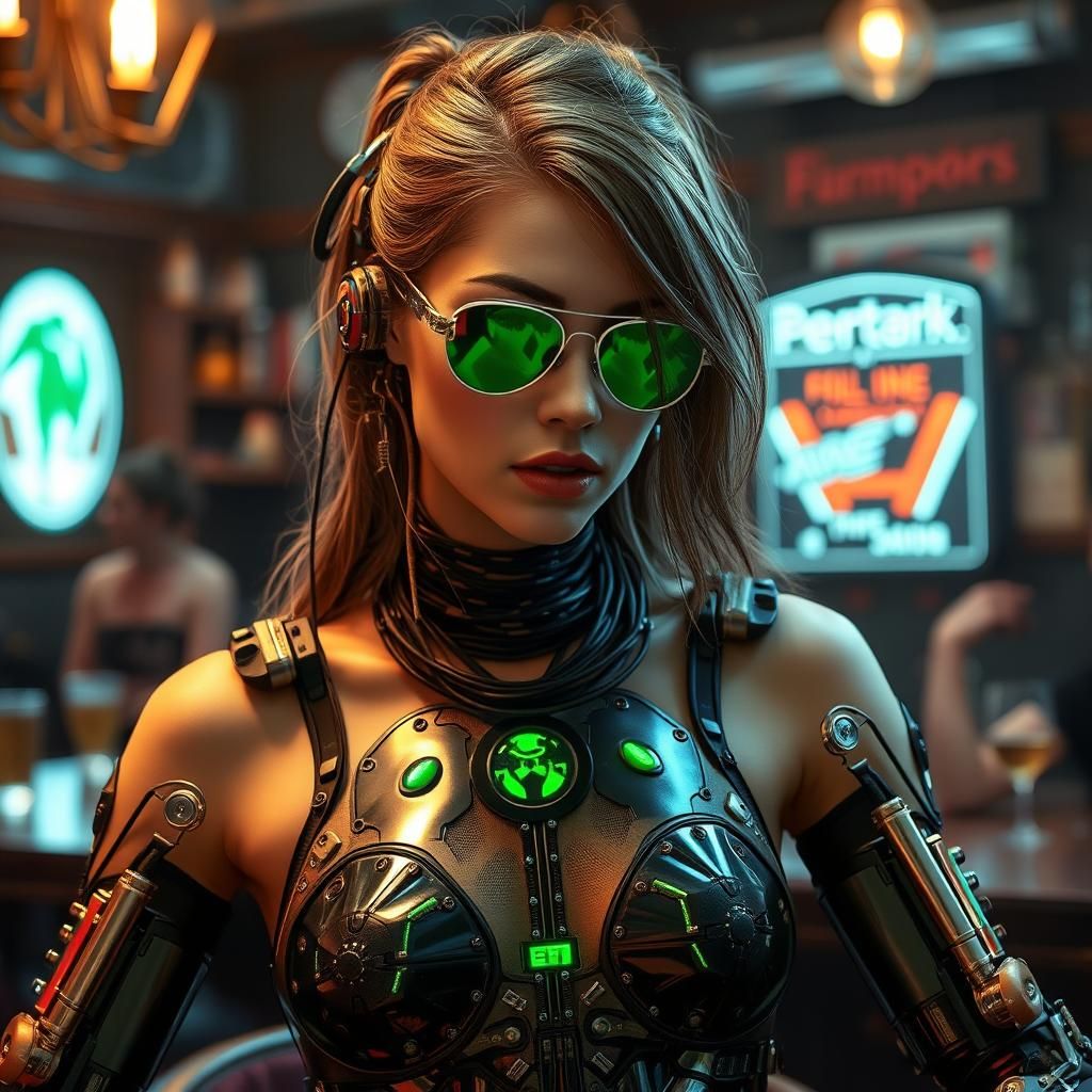 Cybernetic Woman with Spider Arms in Cyberpunk Tavern