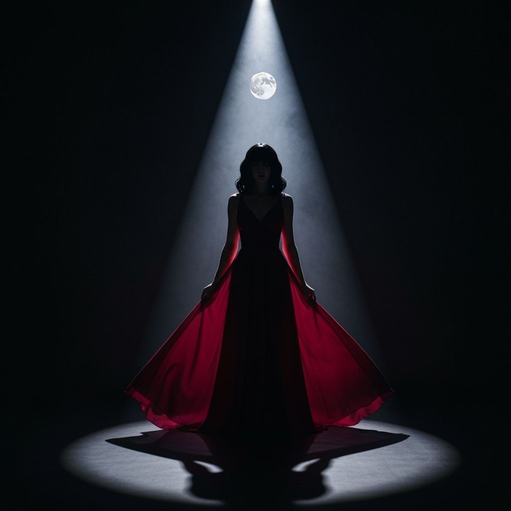 Mysterious Lady Under Moon with Ghostly Double Exposure