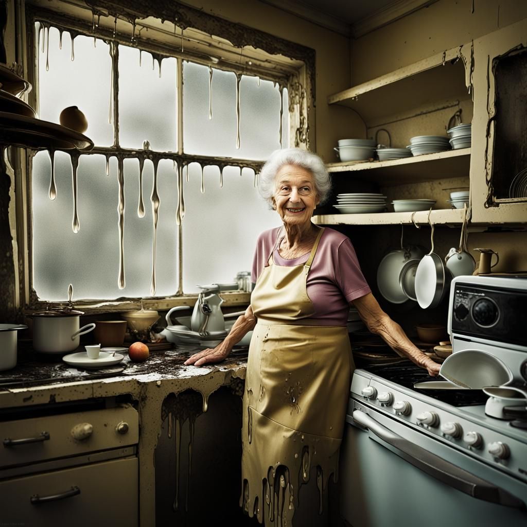 Surreal Grandmother in Melting Kitchen Portrait
