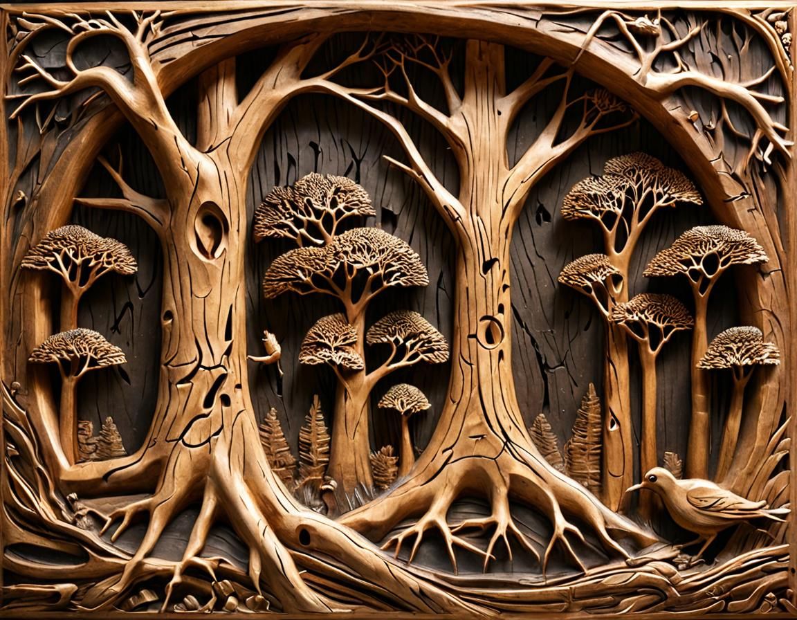 Intricate Wood Relief Carving of Forest Scene