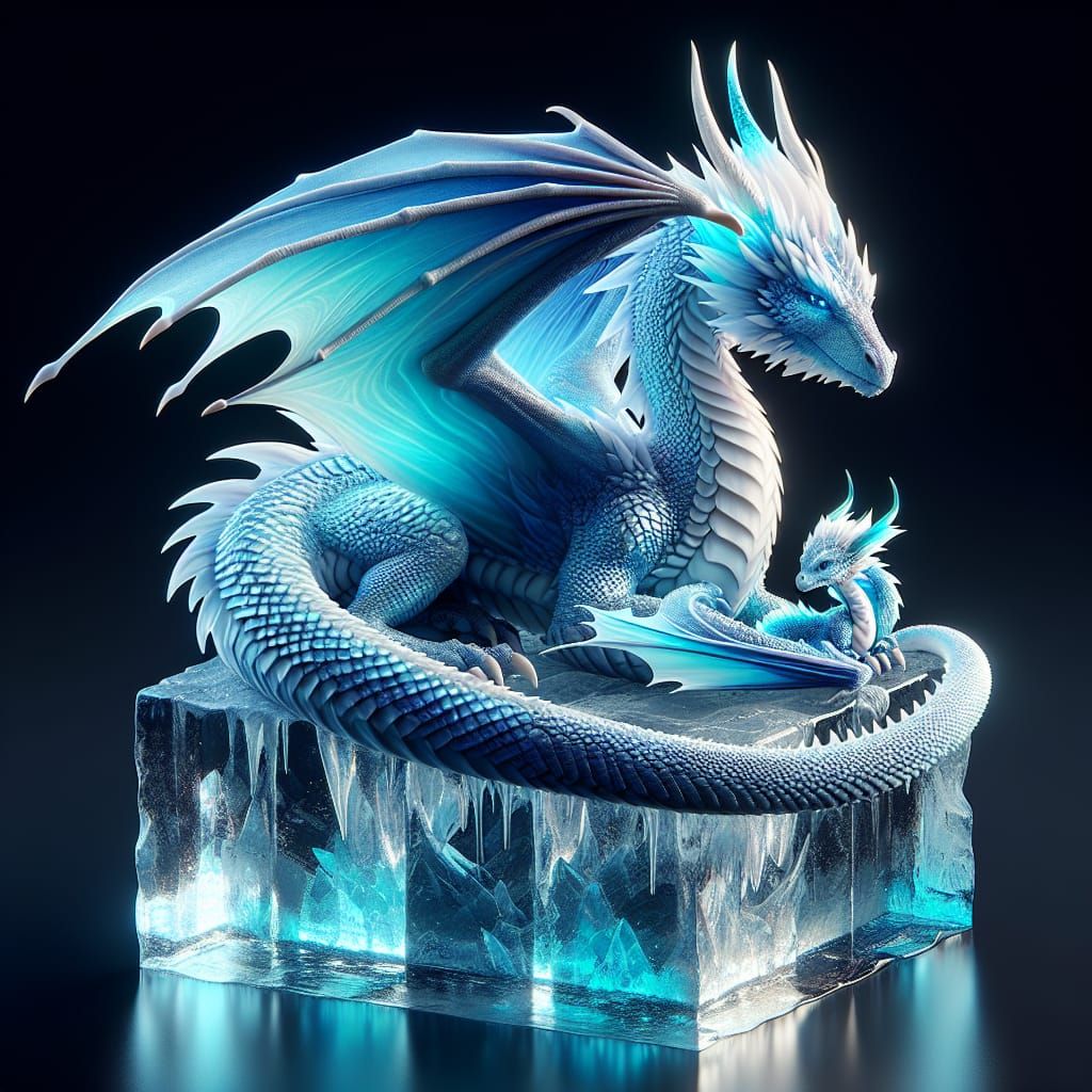 Blue and White Dragon with Baby on Ice