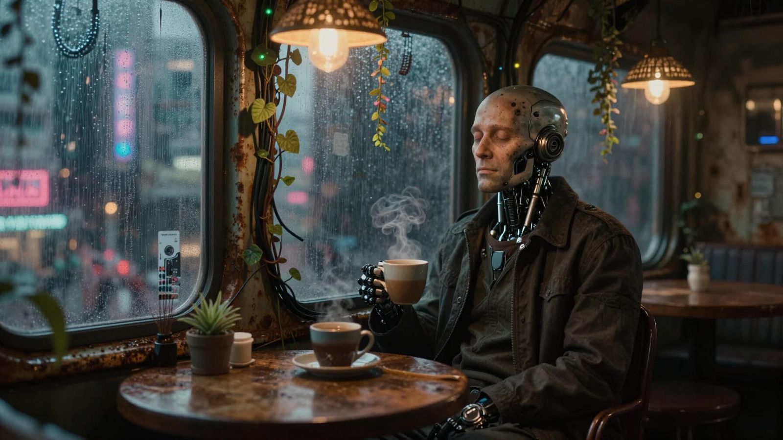 Cyberpunk Cafe in Rusted Skyscraper Hull