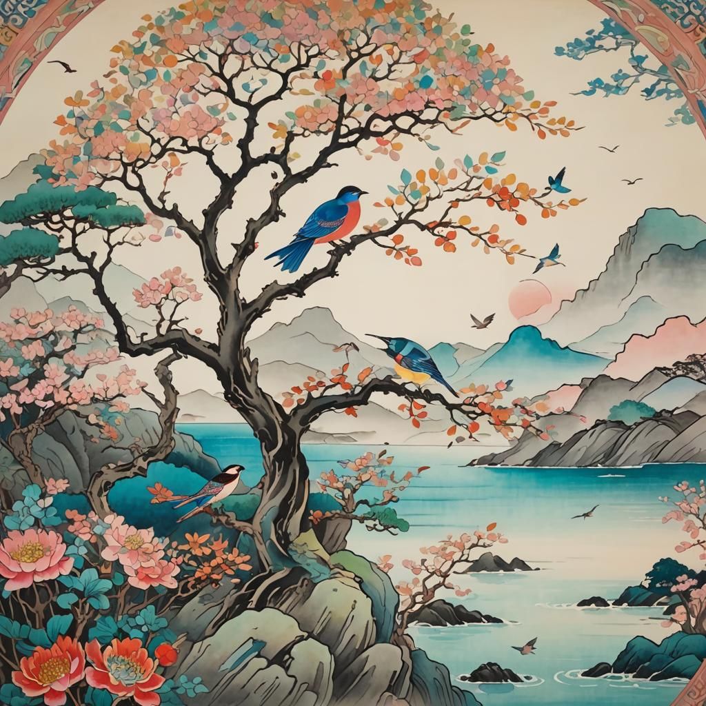 Art Nouveau Tree and Birds in Korean Style