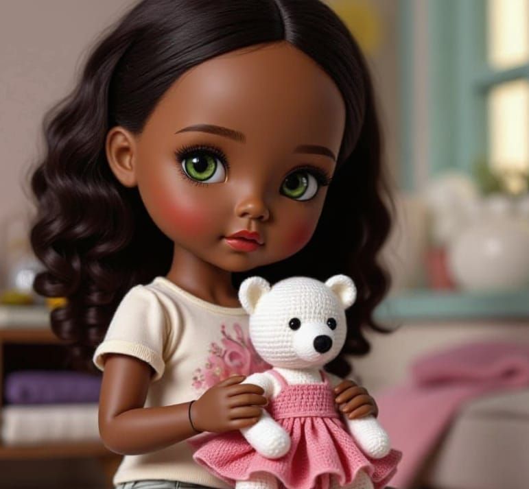 Caribbean-American Doll with Polar Bear, 3D Photorealistic