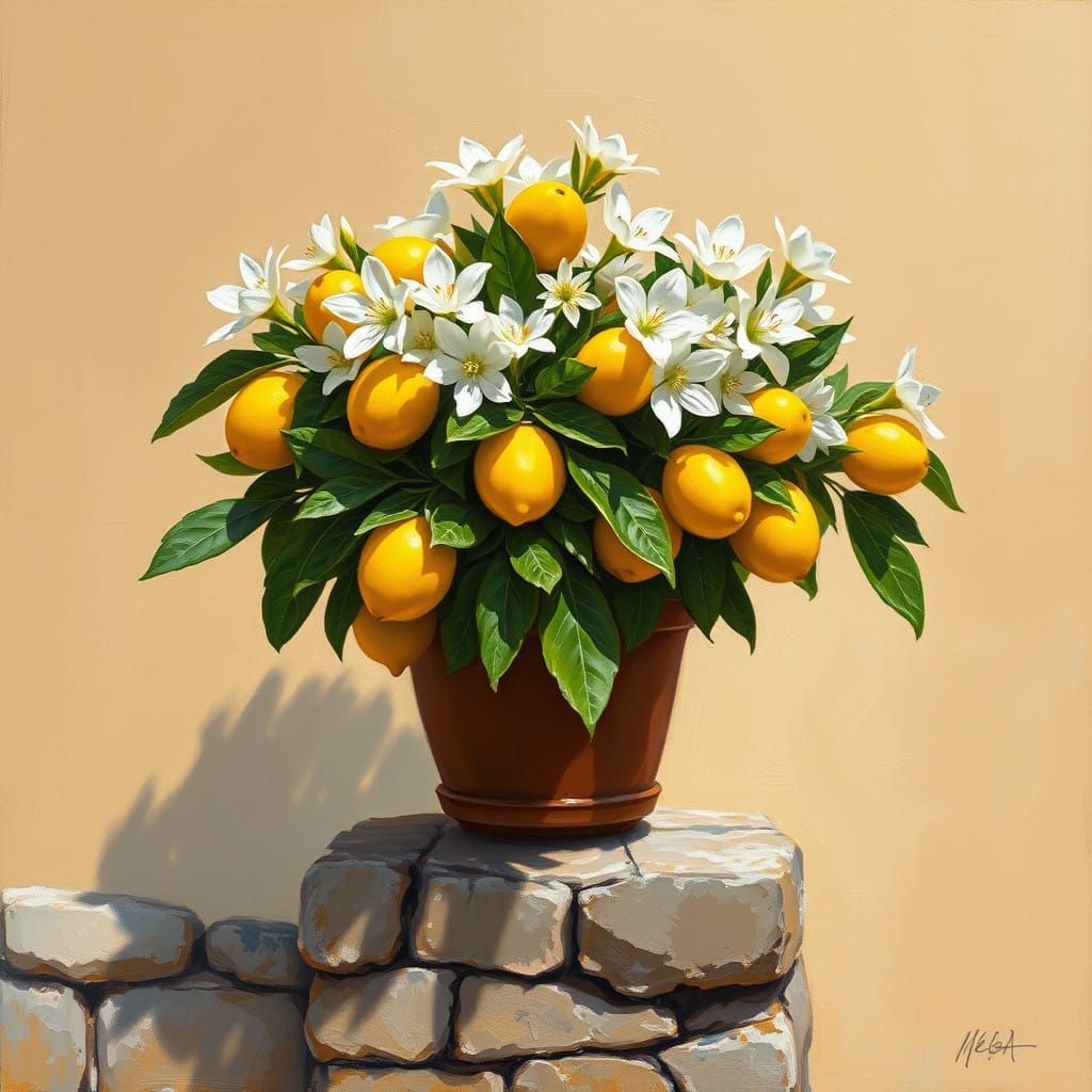 Vibrant Blooming Lemons on a Weathered Stone Fence in Neo-Ex...