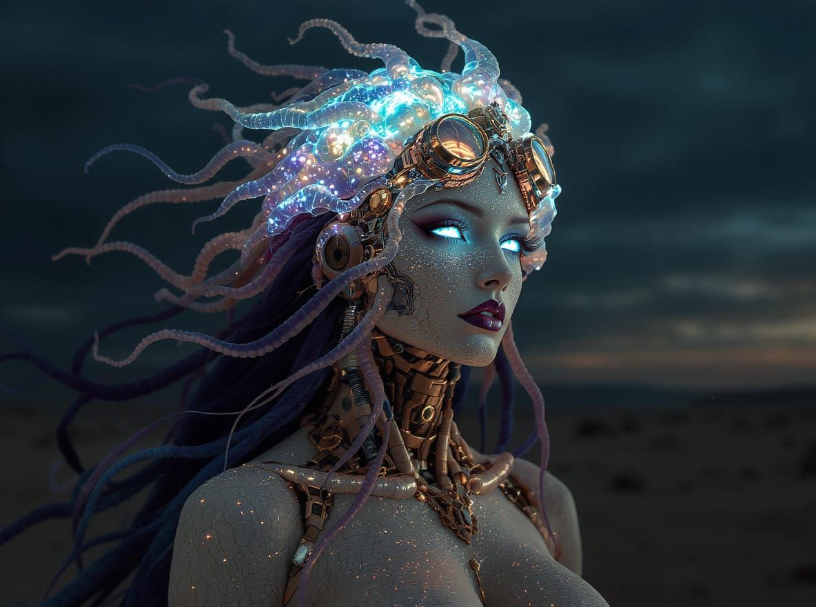 Cyborg Siren with Bioluminescent Jellyfish Tiara