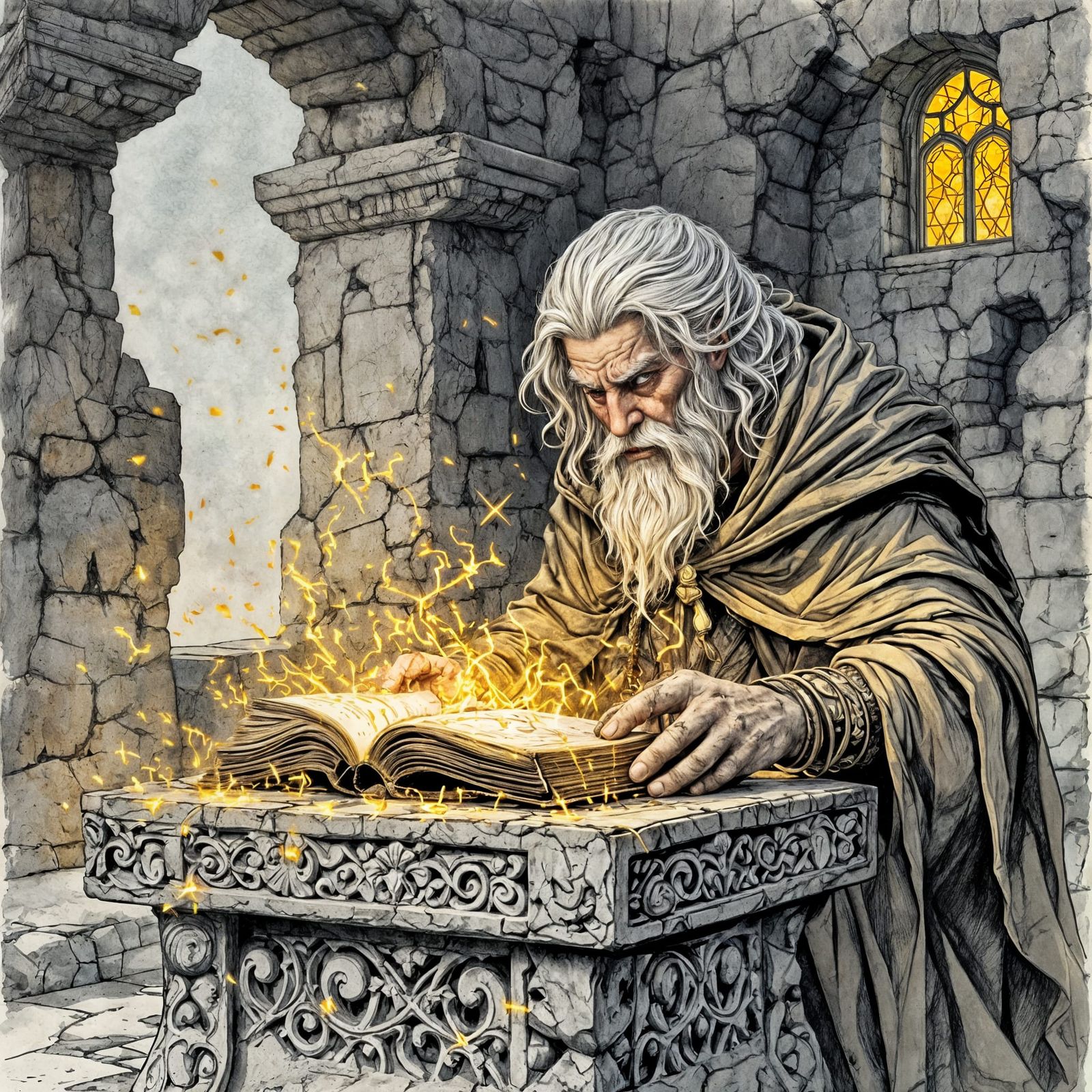 Wizard Pondering Ancient Tome with Golden Sparks