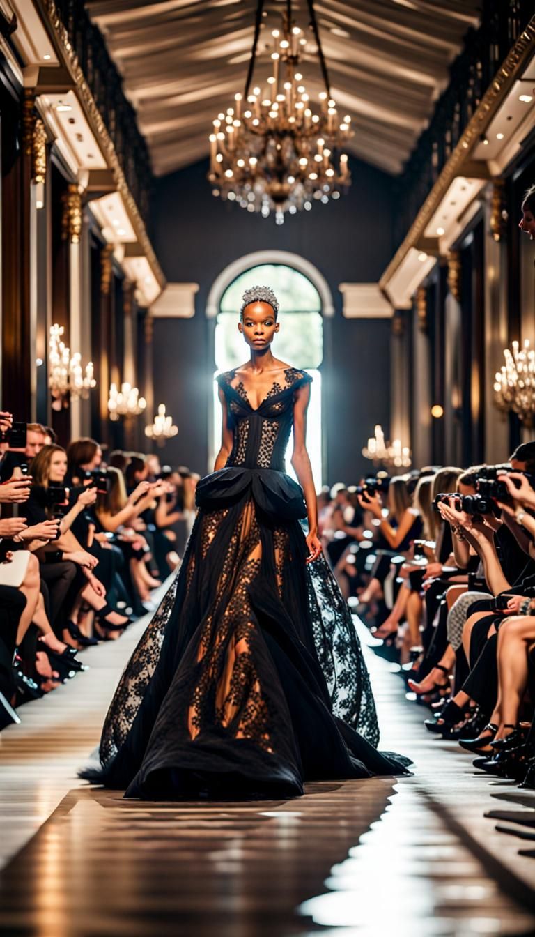 High Couture Model in Black Lace Gown