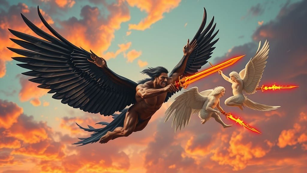 Angel of Death in Combat with White Angels in a Vibrant Skie...