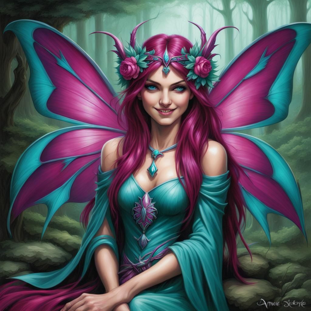 Grinning Fairy Portrait in Vibrant Fantasy Art