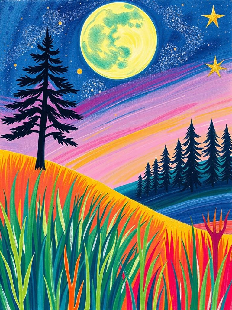 Colorful Landscape in Crayon Style, Childlike View