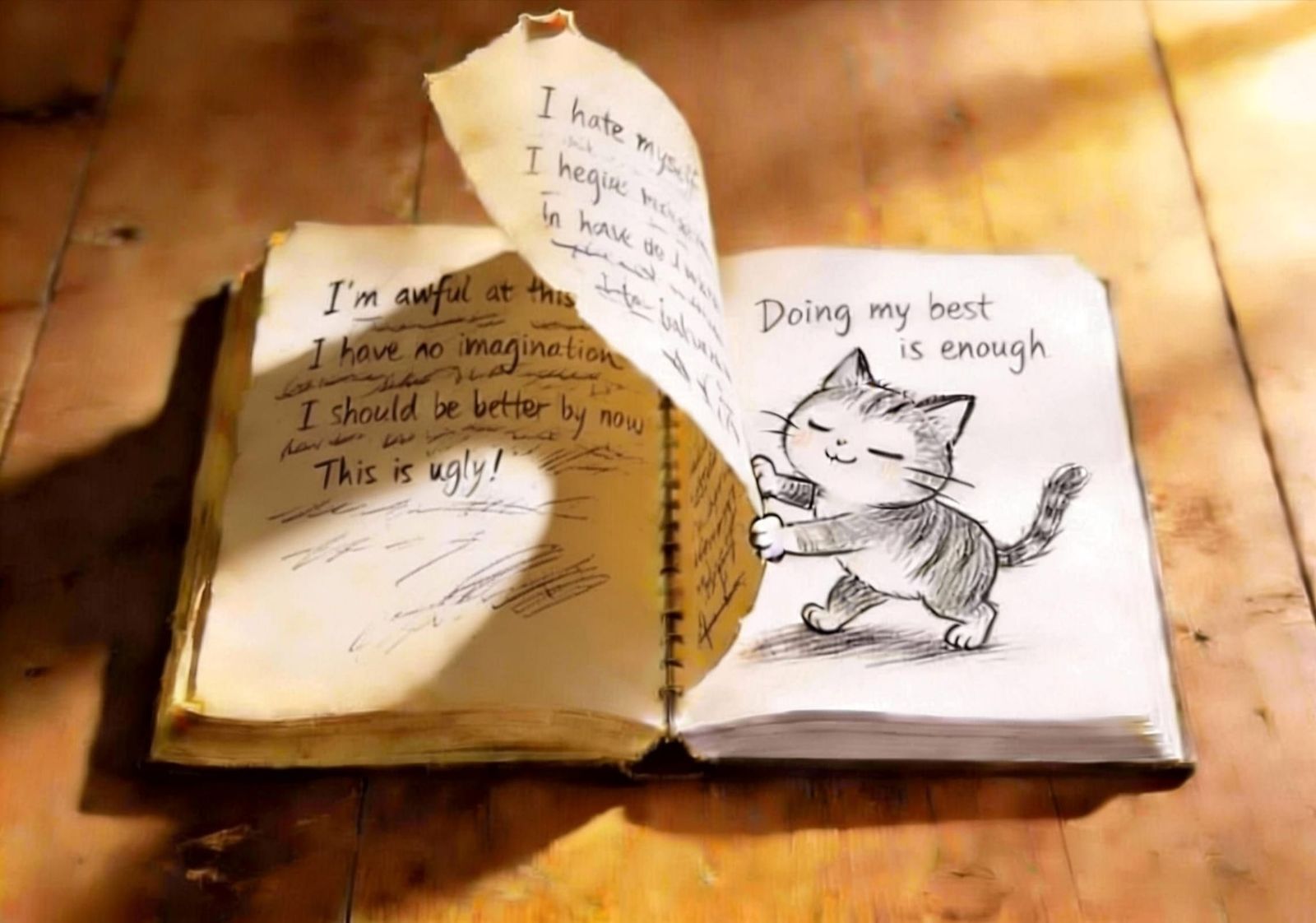 Cozy Wellbeing Scene: Journal Page Turning Overhead