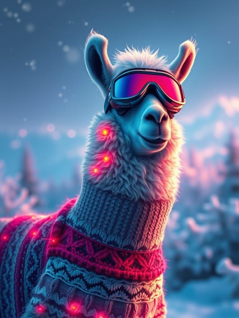 Llama in Ski Goggles and Knitted Sweater