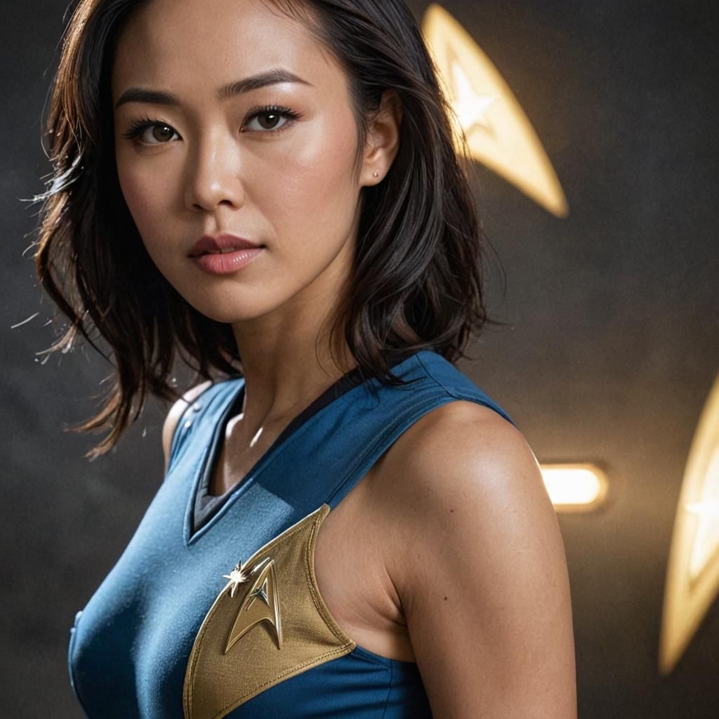 Linda Park as Hoshi Sato, perfect hourglass figure, wearing a first generation Star Trek uniform.