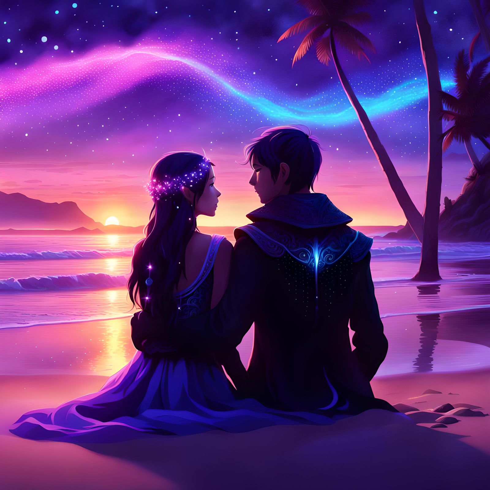 Elven Couple Embrace at Magical Beach Sunset