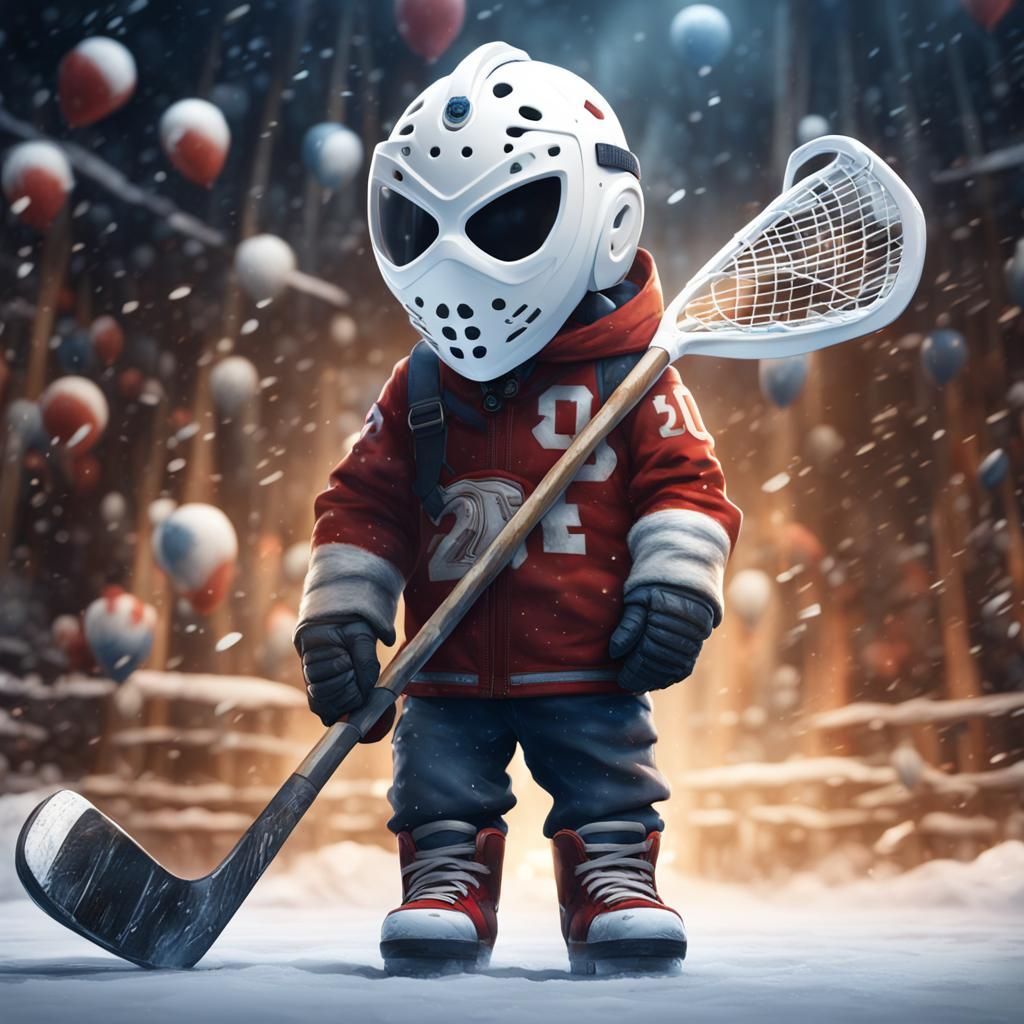 Shy Boy Holding White Hockey Mask in Detailed Matte Painting