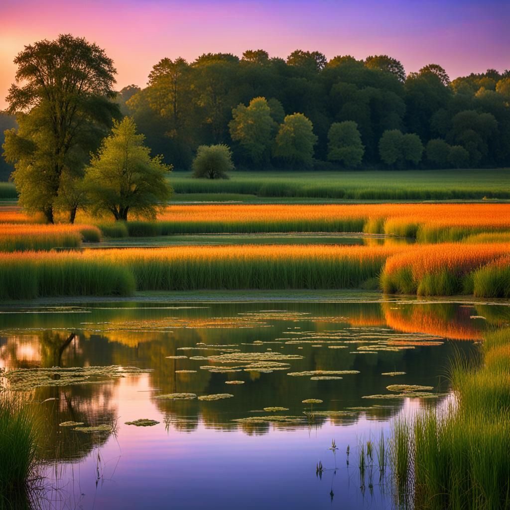 Sunset Over Lake and Fields: Oil Painting