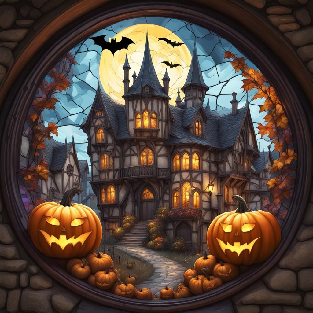 medieval old village carved in a transparent stained glass pumpkin