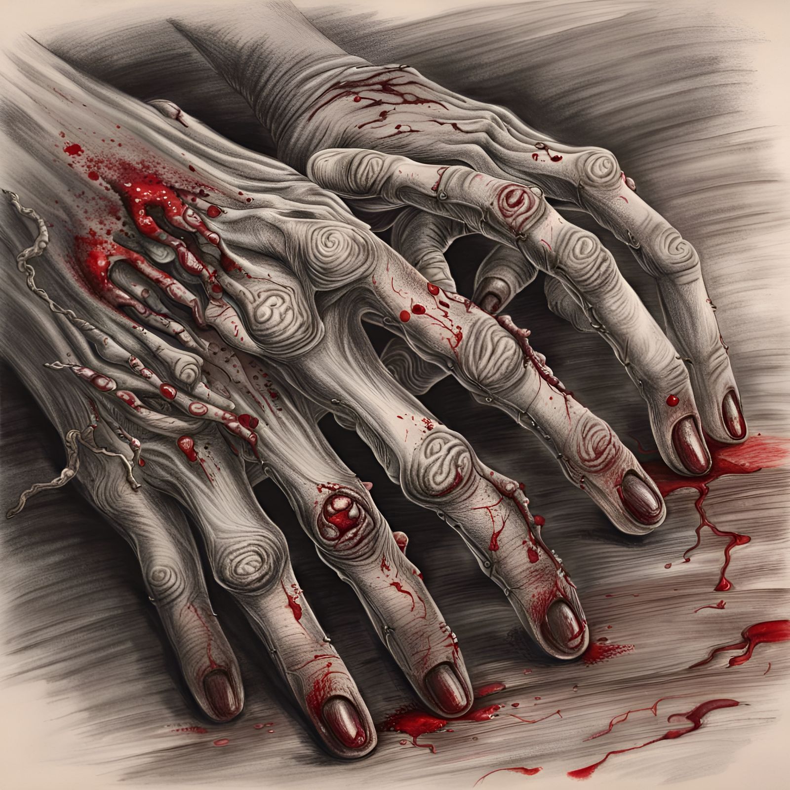 Hyperdetailed Charcoal Drawing of Rotting Zombie Fingers