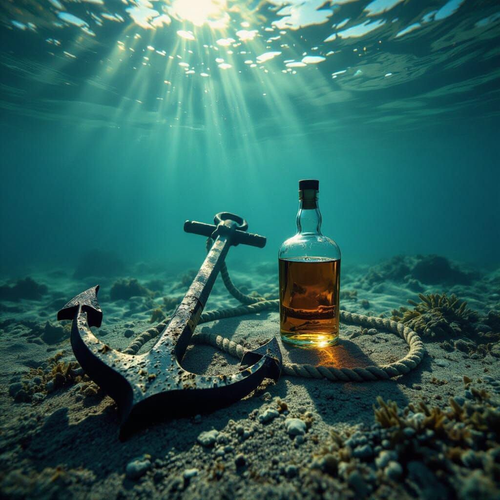 Sunken Treasures: Anchor, Whiskey, and Rope on Seabed