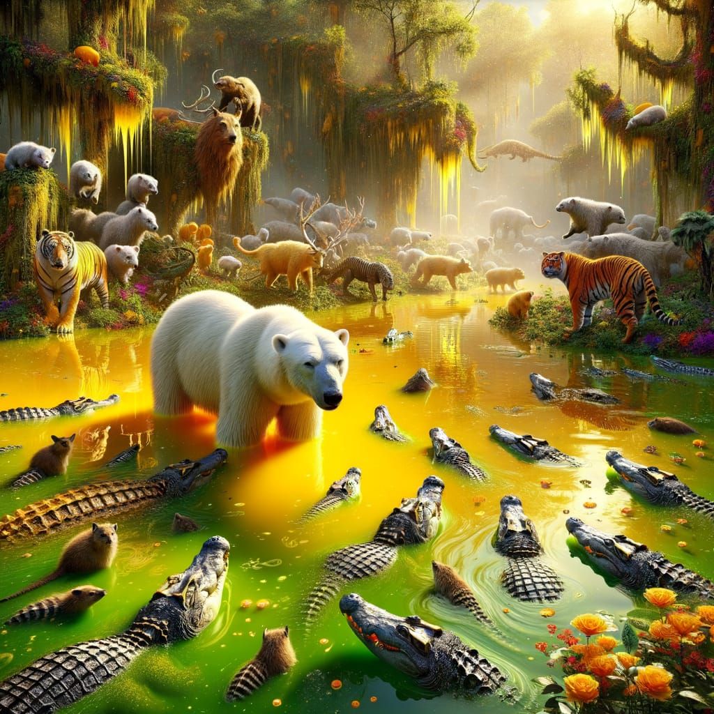 Polar Bear in Swampland with Tigers: Unreal Engine Art