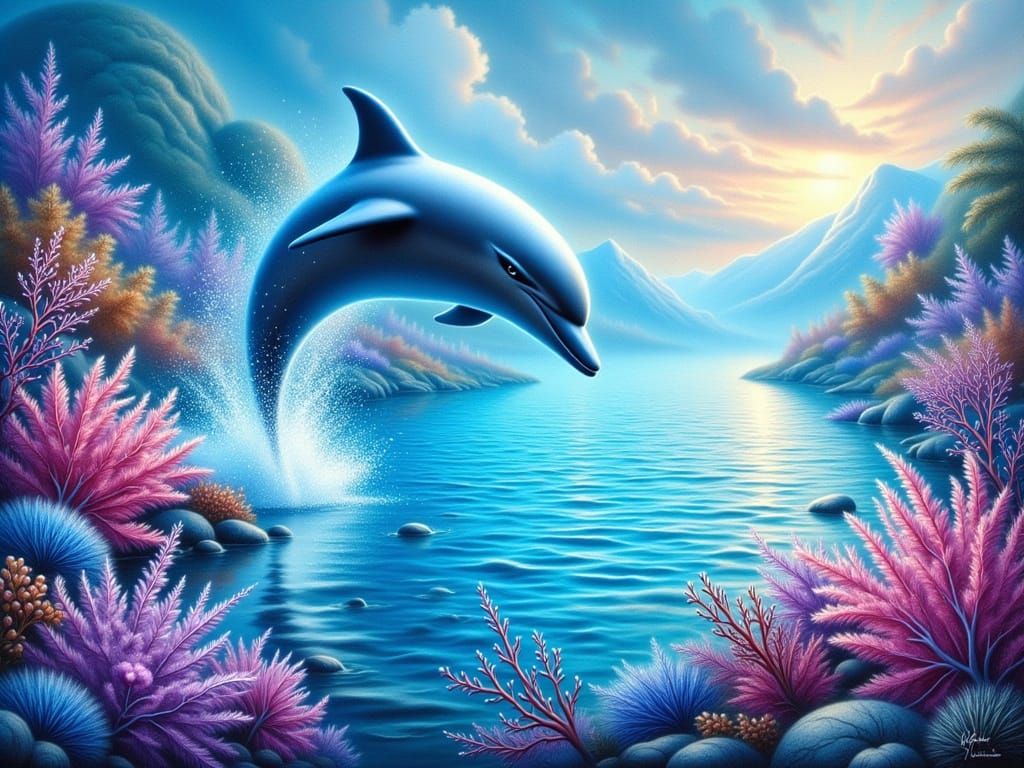 Dolphin Leaping in Shimmering Waters, Airbrushed Oil Paintin...