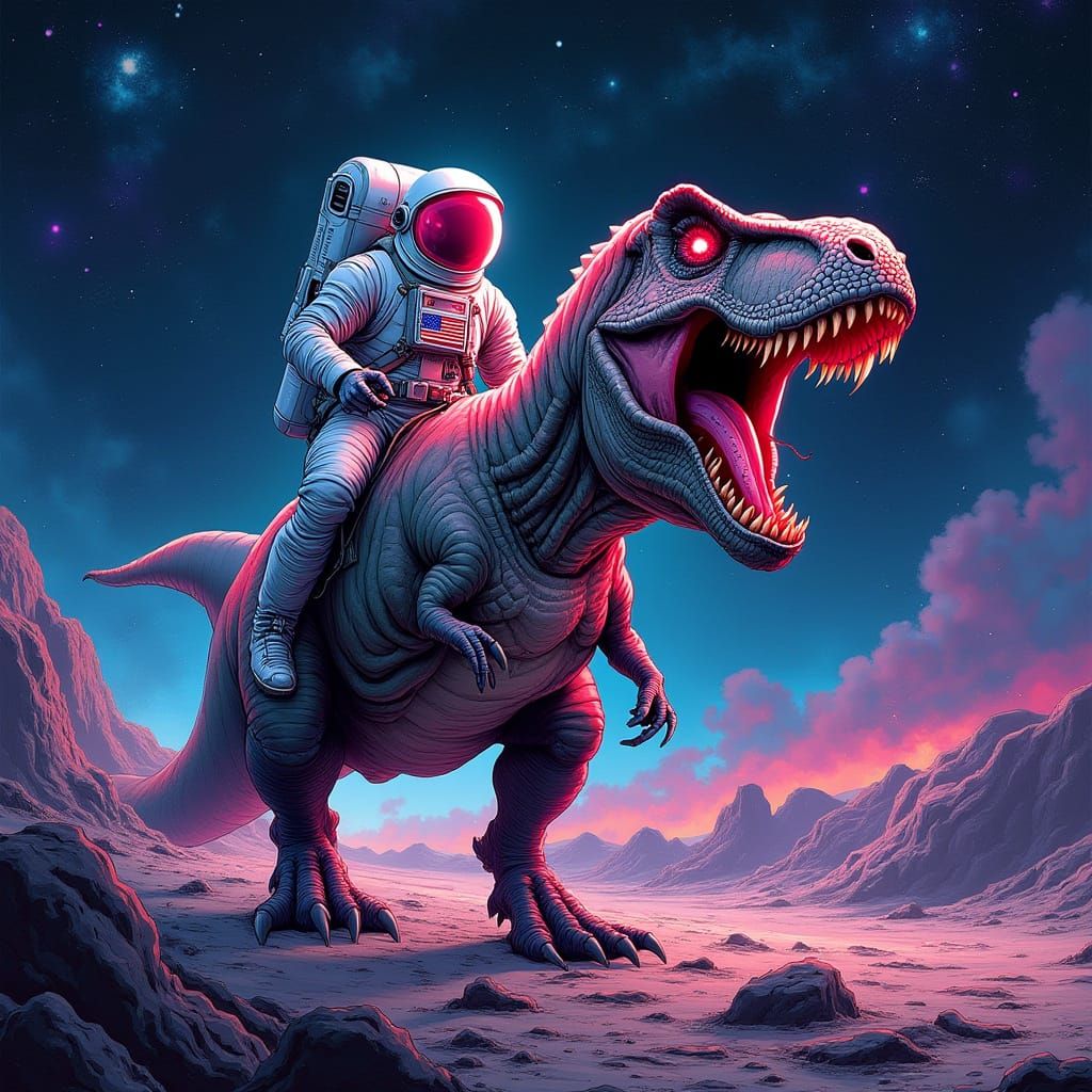Daring Astronaut Tames a Roaring T-Rex on the Cosmic Moon