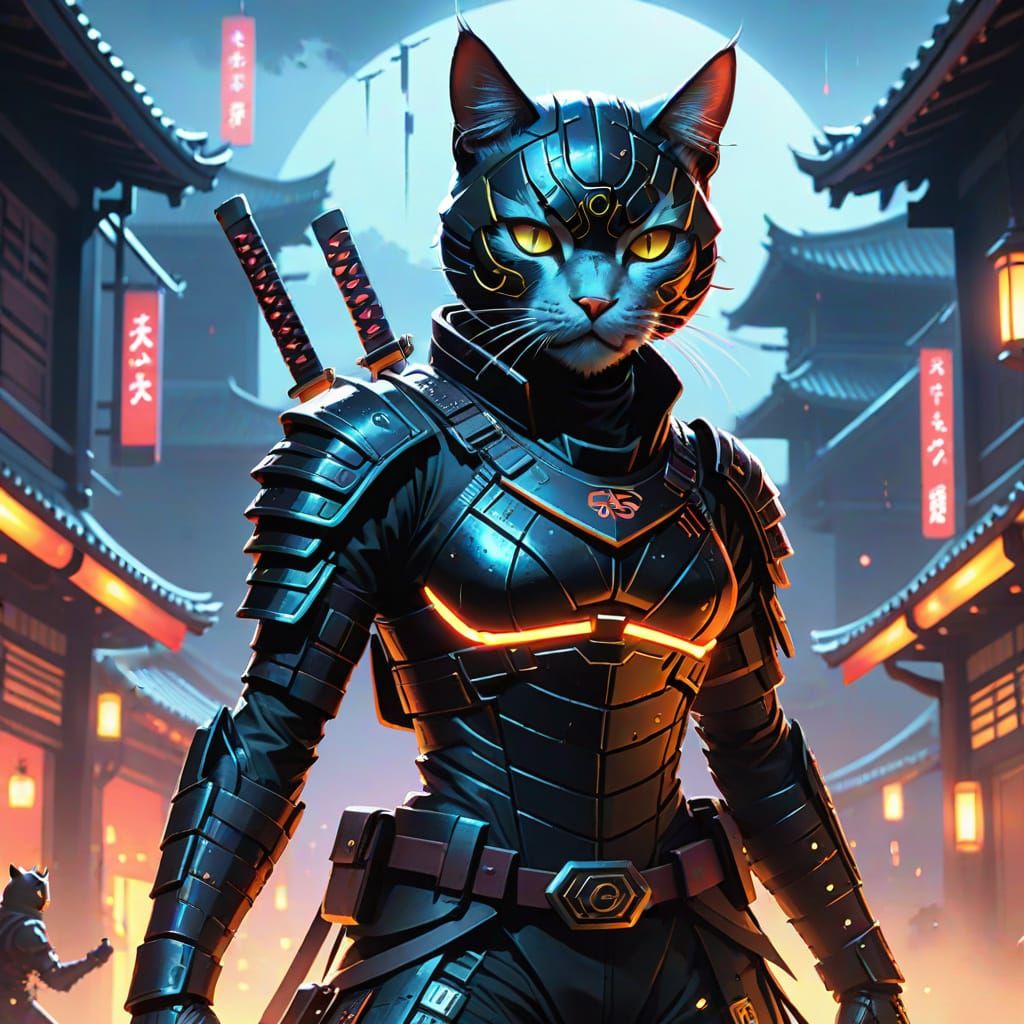 Sleek Cyber-Samurai Cat Ninja in Stealth Suit