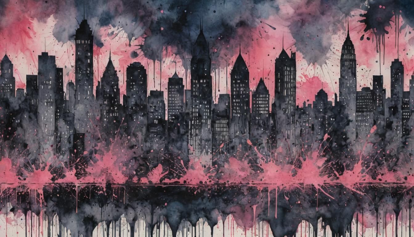 Dynamic Ink Splash Cityscape at Twilight