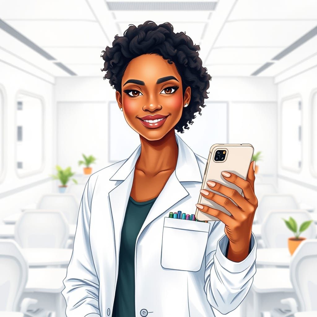 Confident Dominican Woman in a Futuristic Lab Setting