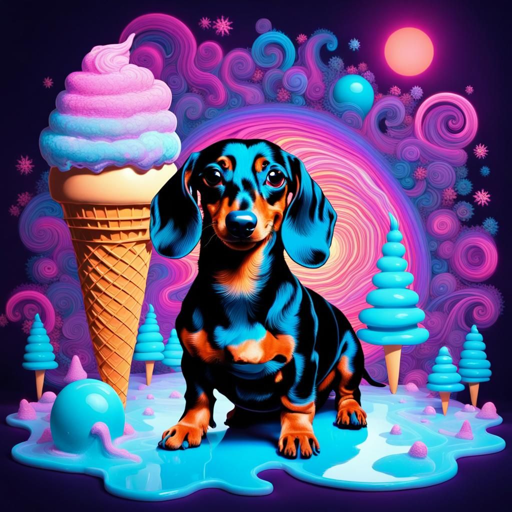 Dachshund's Neon Ride Through Fractal Wonderland