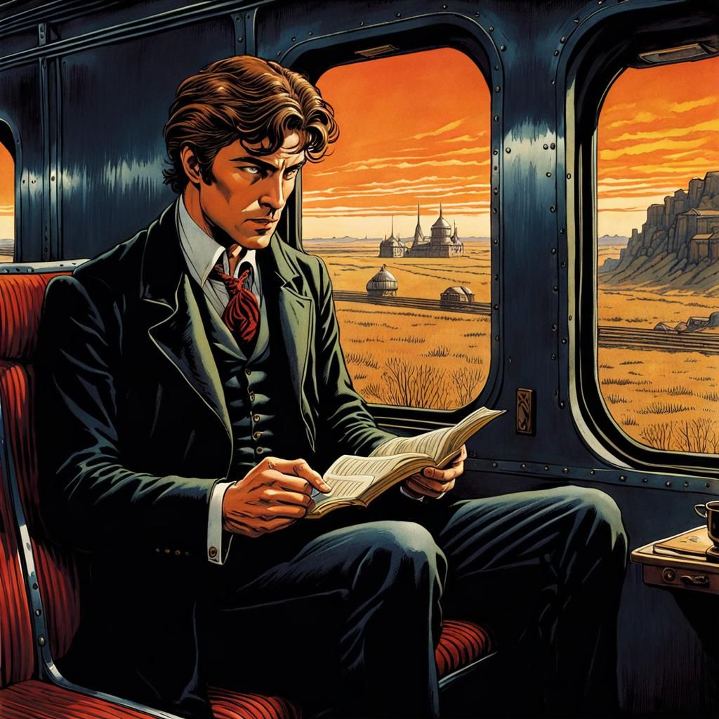 Young Man on Train in Comic Book Style