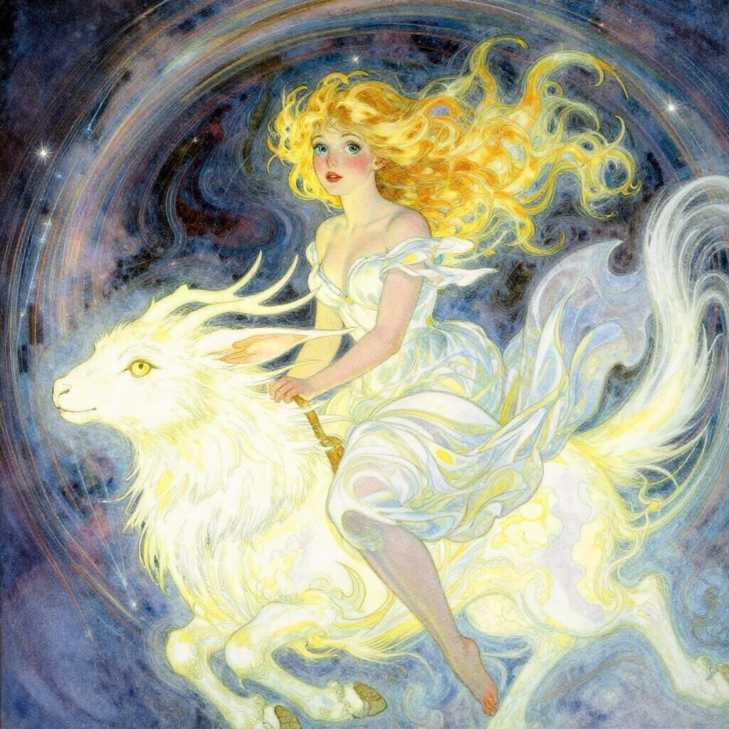 Whimsical Woman Rides Fantastical Creature Through Luminous ...